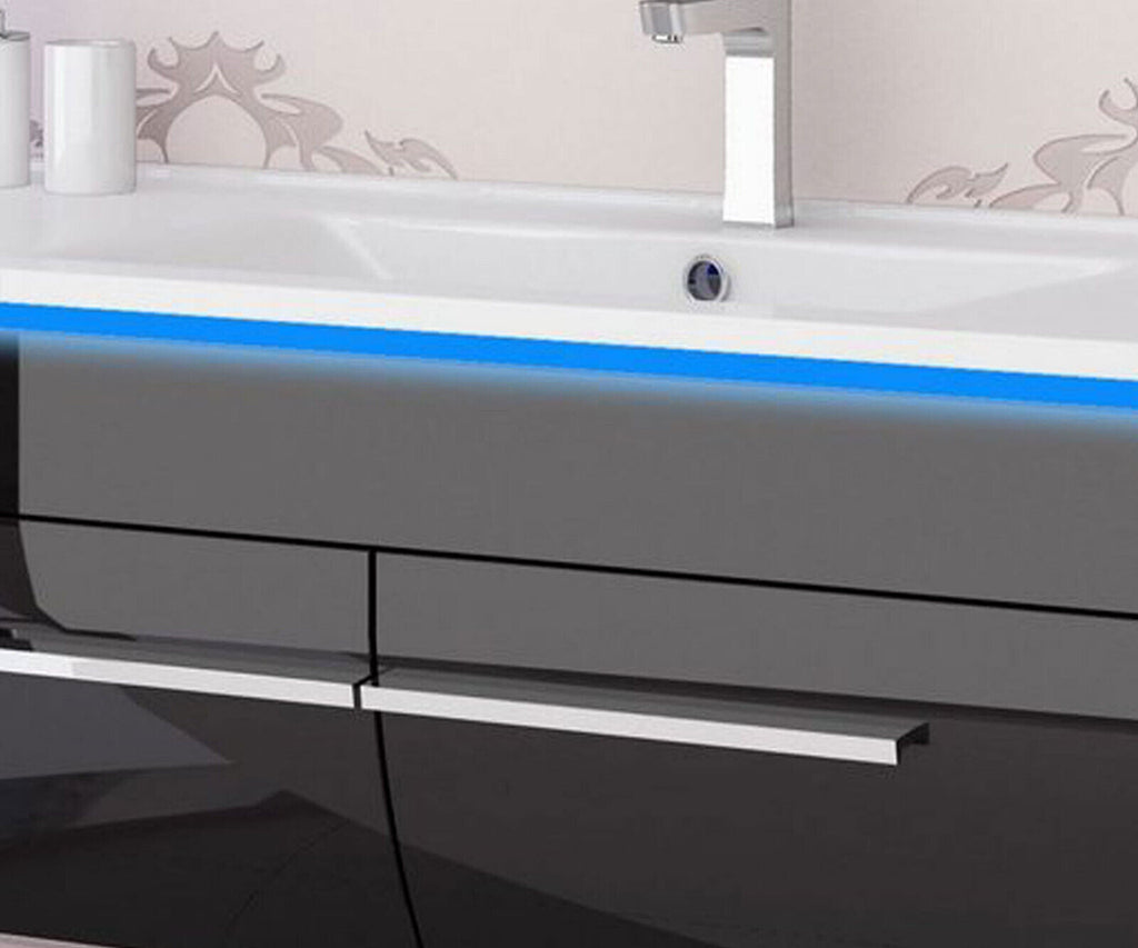 Doppelwaschtisch Doppelwaschbecken Waschbecken 240 cm Schwarz LED  Badmöbel Set