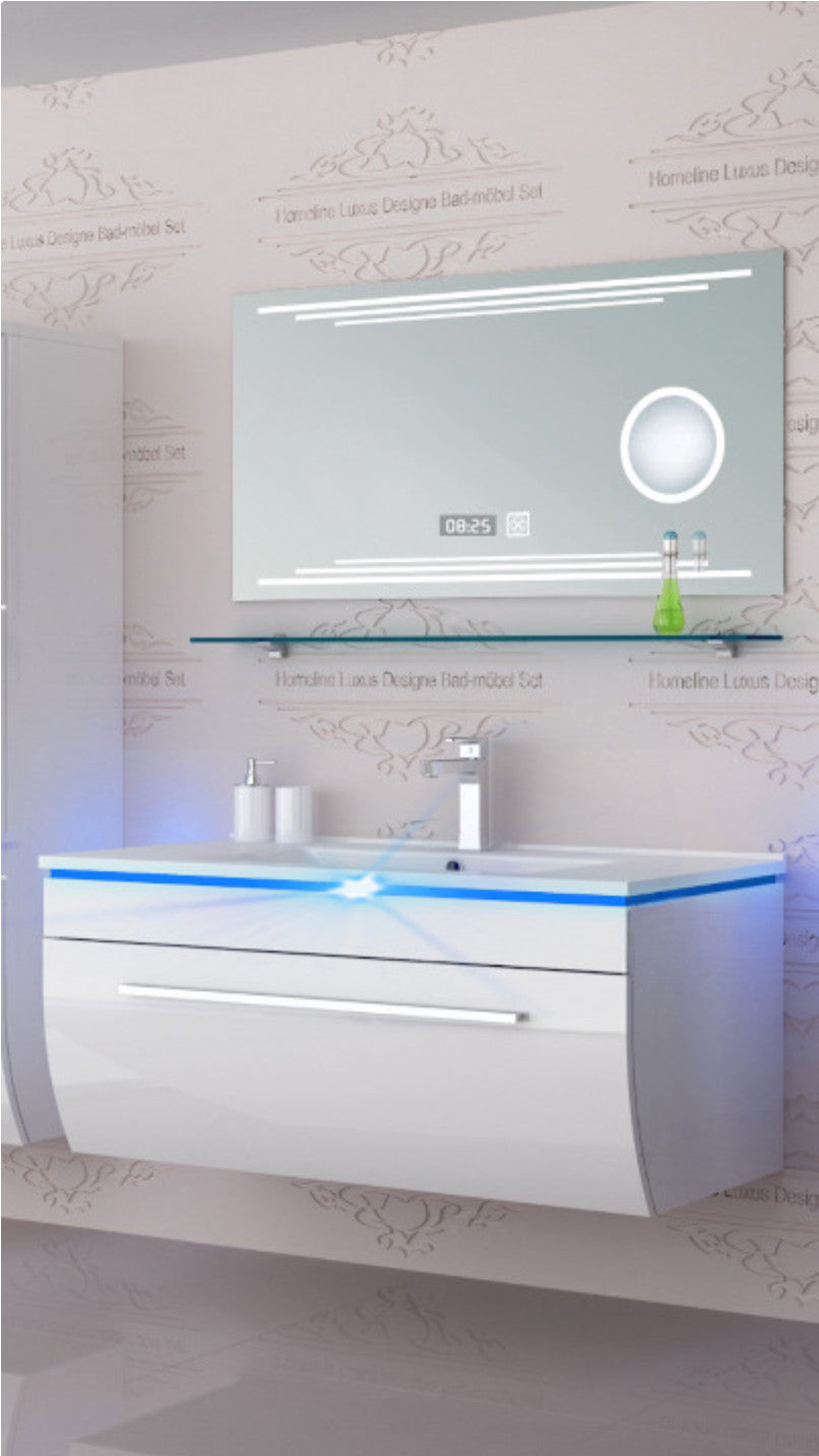 Badmöbel Set Badezimmer schränke Waschbecken Spiegel Weiß LED  Badmöbel Set 90
