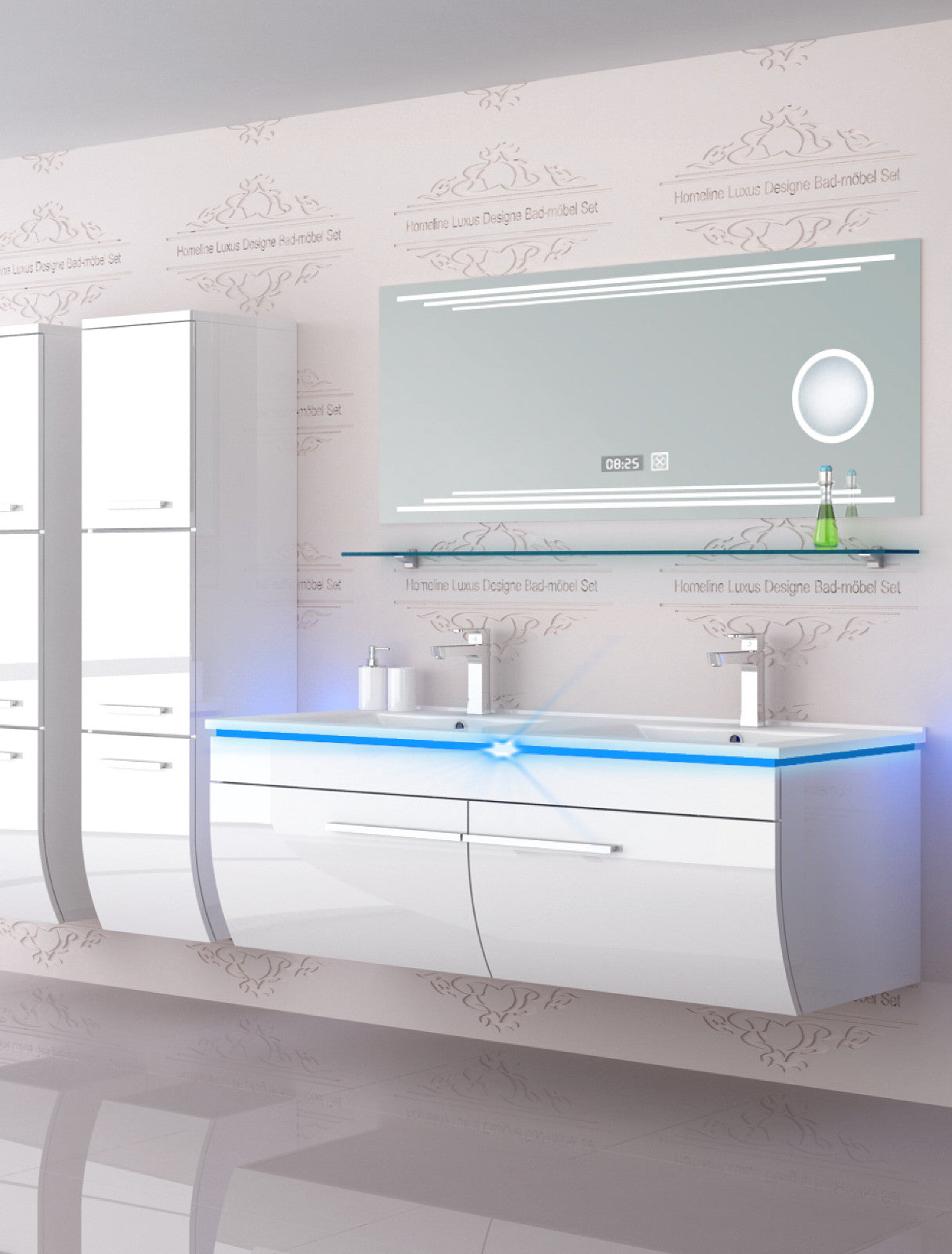 Doppelwaschtisch Doppelwaschbecken Waschbecken 240 cm Weiß LED  Badmöbel Set 120