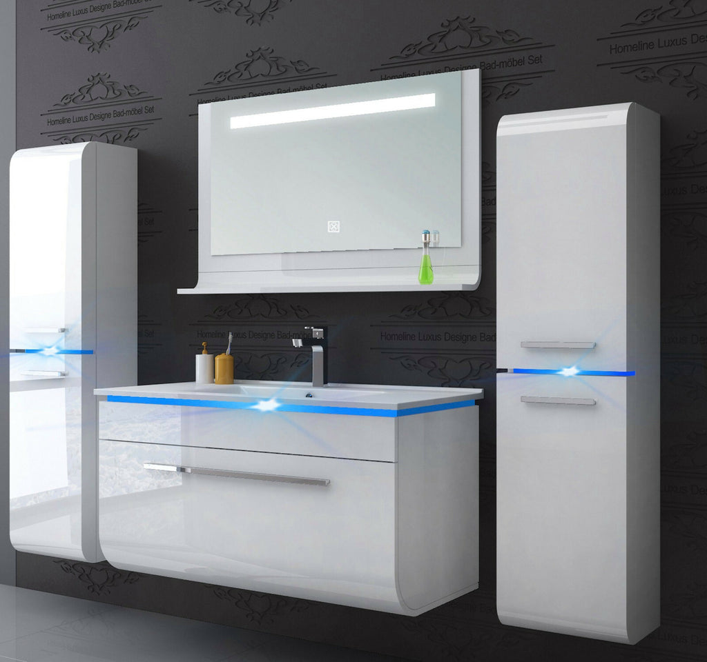 Badmöbel Set montiert Weiss Hochglanz Badezimmermöbel Touch LED  90 cm Bad Set