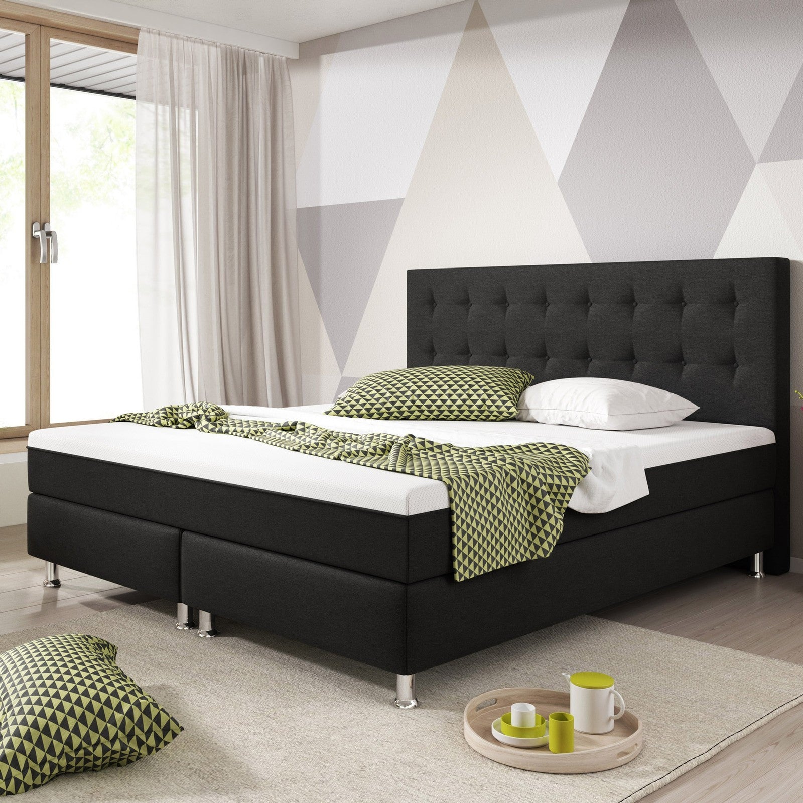 Boxspringbett Bett 180x200 cm  Doppelbett  Webstoff Schwarz Topper  Schlafzimmer