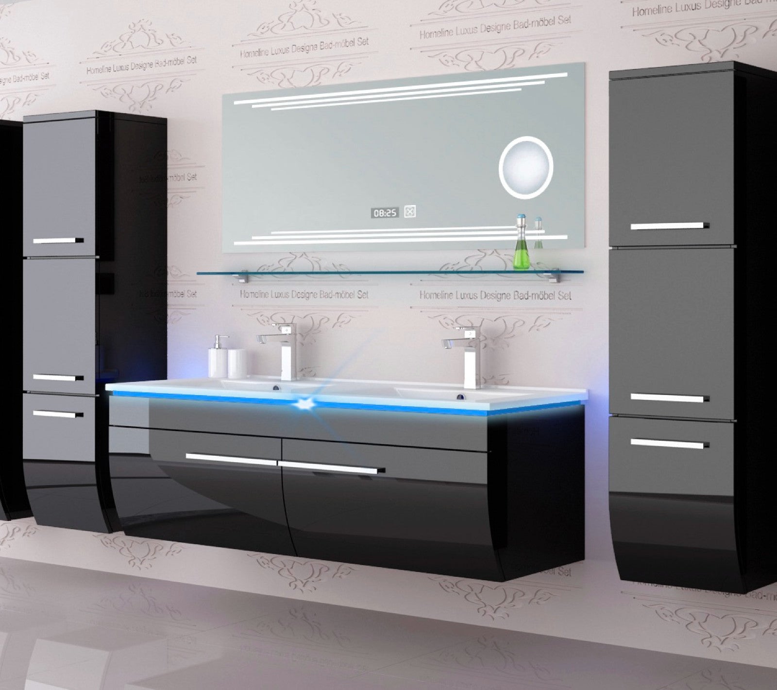 Doppelwaschtisch Doppelwaschbecken Waschbecken 240 cm Schwarz LED  Badmöbel Set