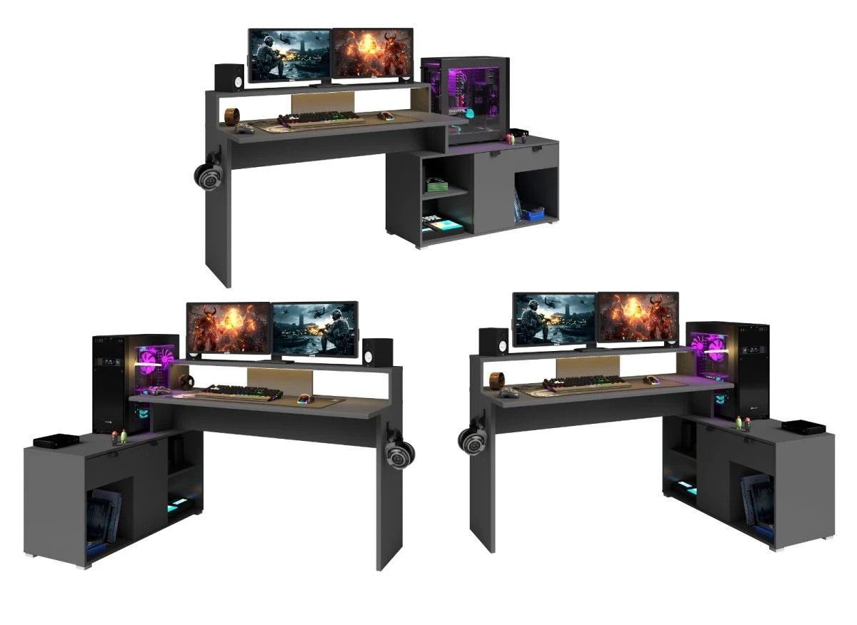 Gaming Set"Work"in schwarz und grau Gamingtisch und Schrank inkl.LED Farbwechsel