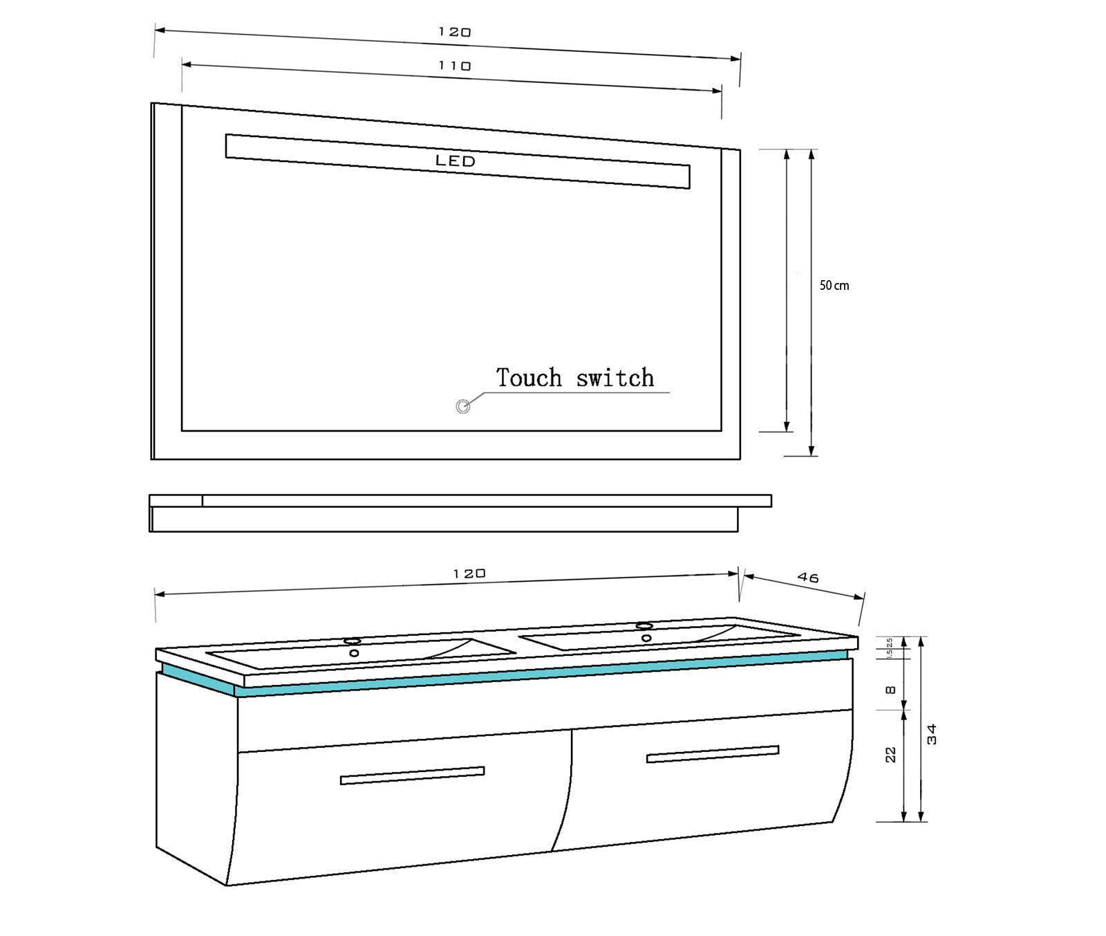 Badmöbel Set Doppelwaschtisch 120 cm Weiß Lackiert Komplett Hochglanz 4 Teilig