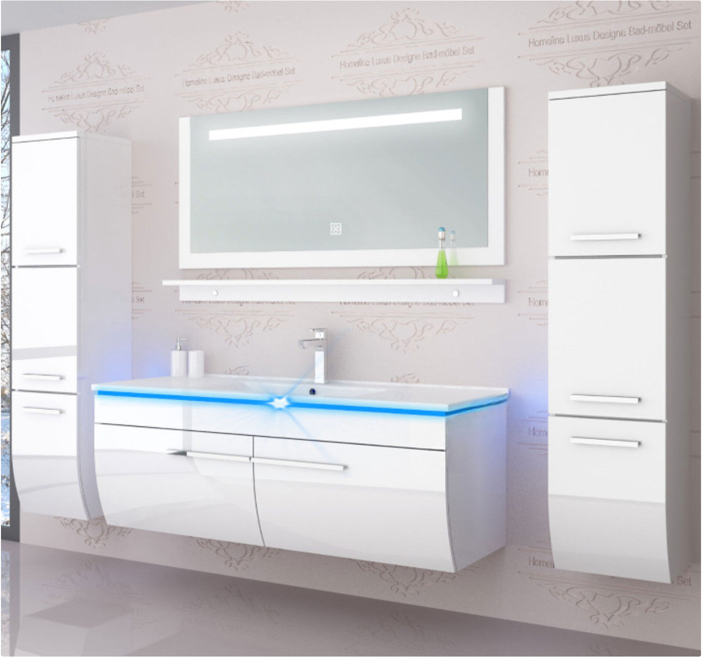 Badmöbel set hochglanz weiß Badmöbel Set montiert Touch Led System 120 cm  Bad