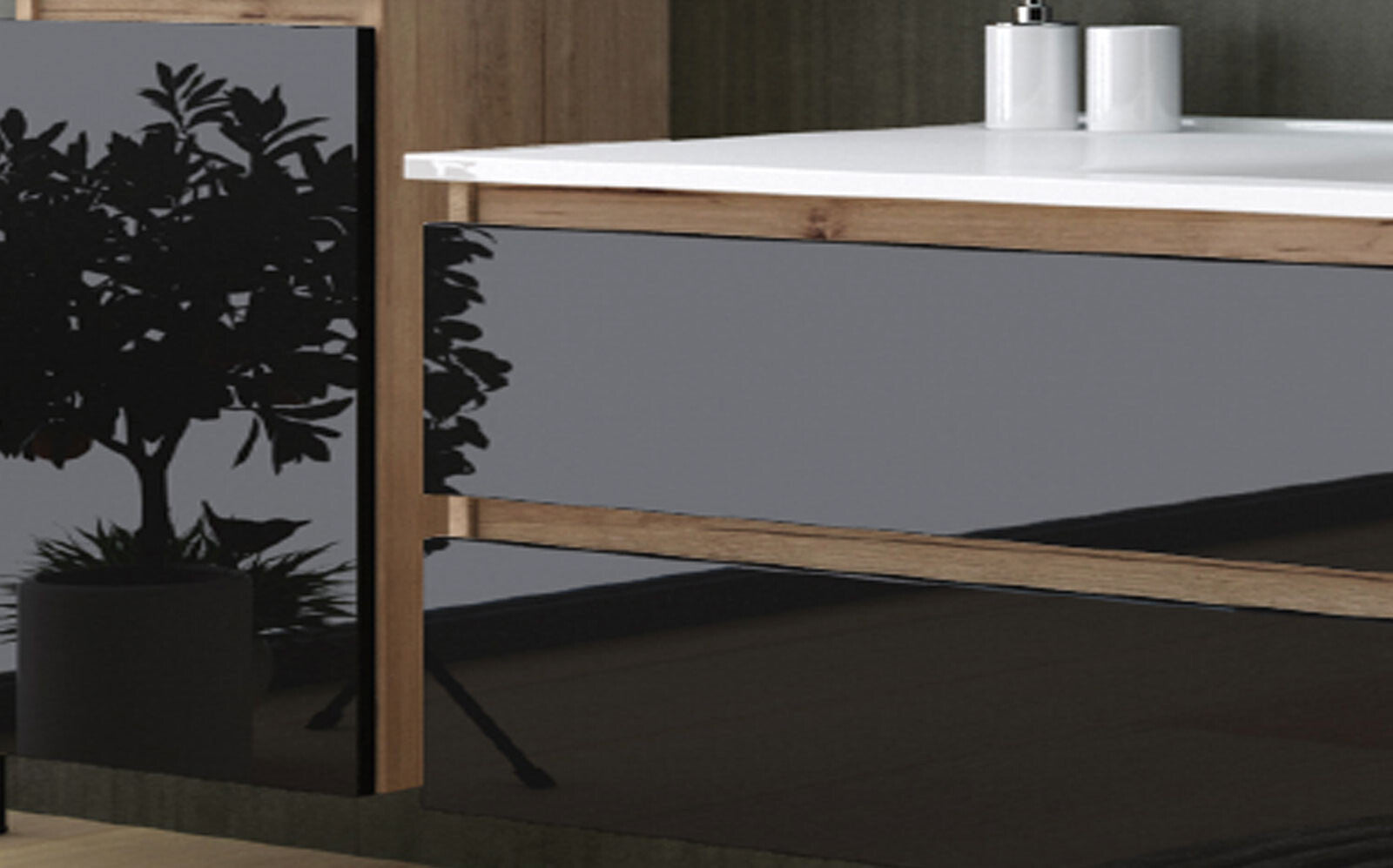 Badmöbel set Hochglanz 6 Tlg Schwarz /Eiche Soft Close Badezimmer Möbel Bad 120