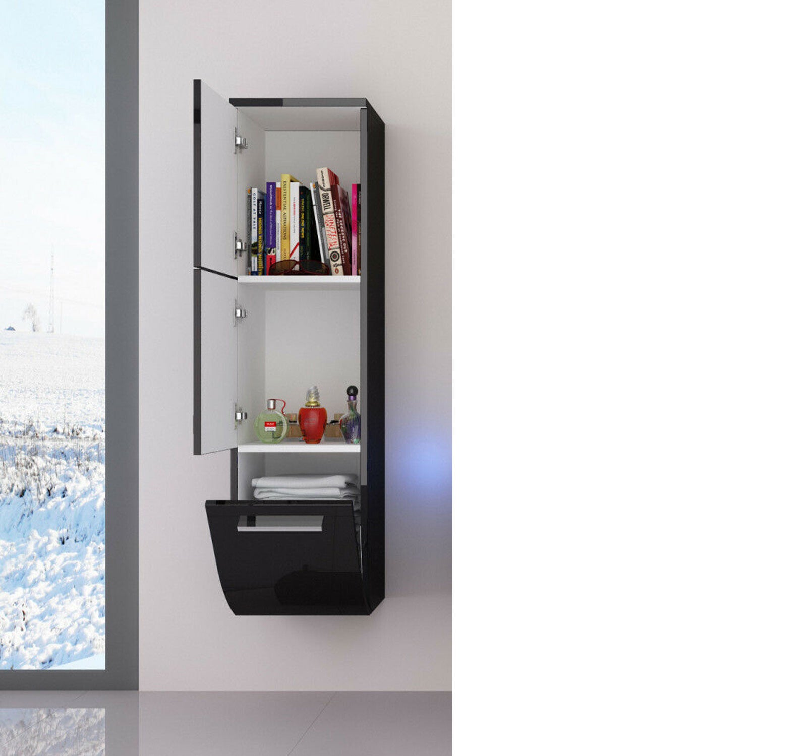 1x Seitenschrank Hochschrank Badmöbel Glanz Badschrank Schwarz  110 cm