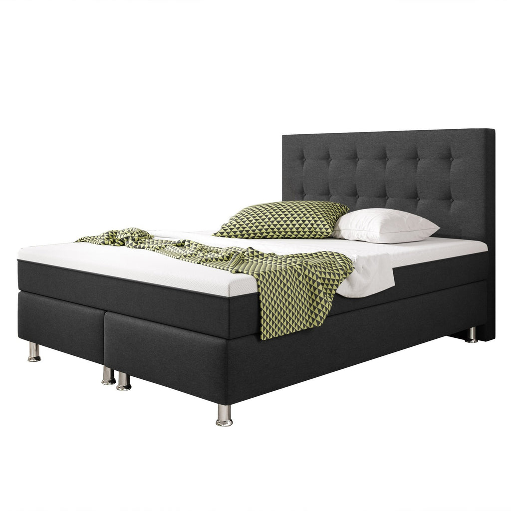 Boxspringbett  Bett 140x200 cm Webstoff Anthrazit mit Topper-Optik Einzelbett