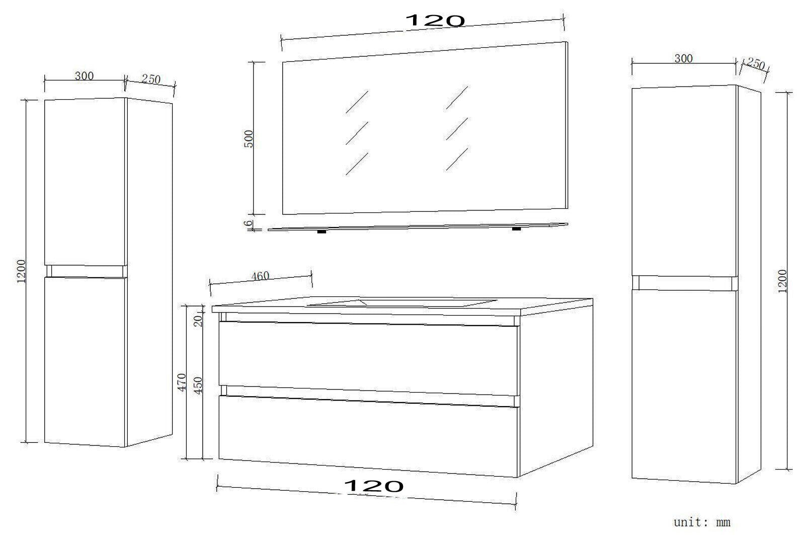 Badmöbel Set  Eiche / Schwarz Hochglanz SoftClosingssystem 120 Badezimmer Möbel