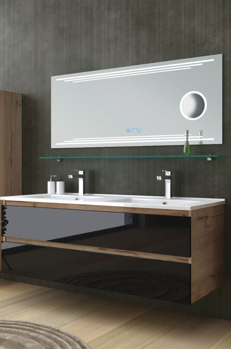 Doppelwaschtisch Schwarz  / Eiche Hochglanz  Doppel Waschbecken Badmöbel Set LED
