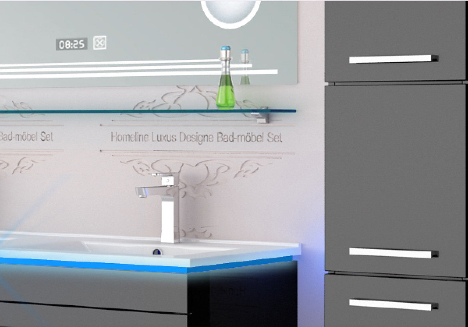 Doppelwaschtisch Doppelwaschbecken Waschbecken 240 cm Schwarz LED  Badmöbel Set