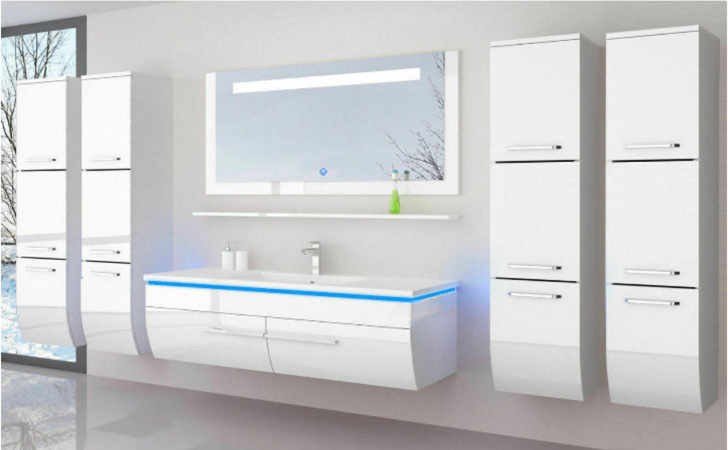 Badmöbel Set montiert Weiss oder Schwarz Hochglanz Badezimmermöbel 6tlg LED 90cm