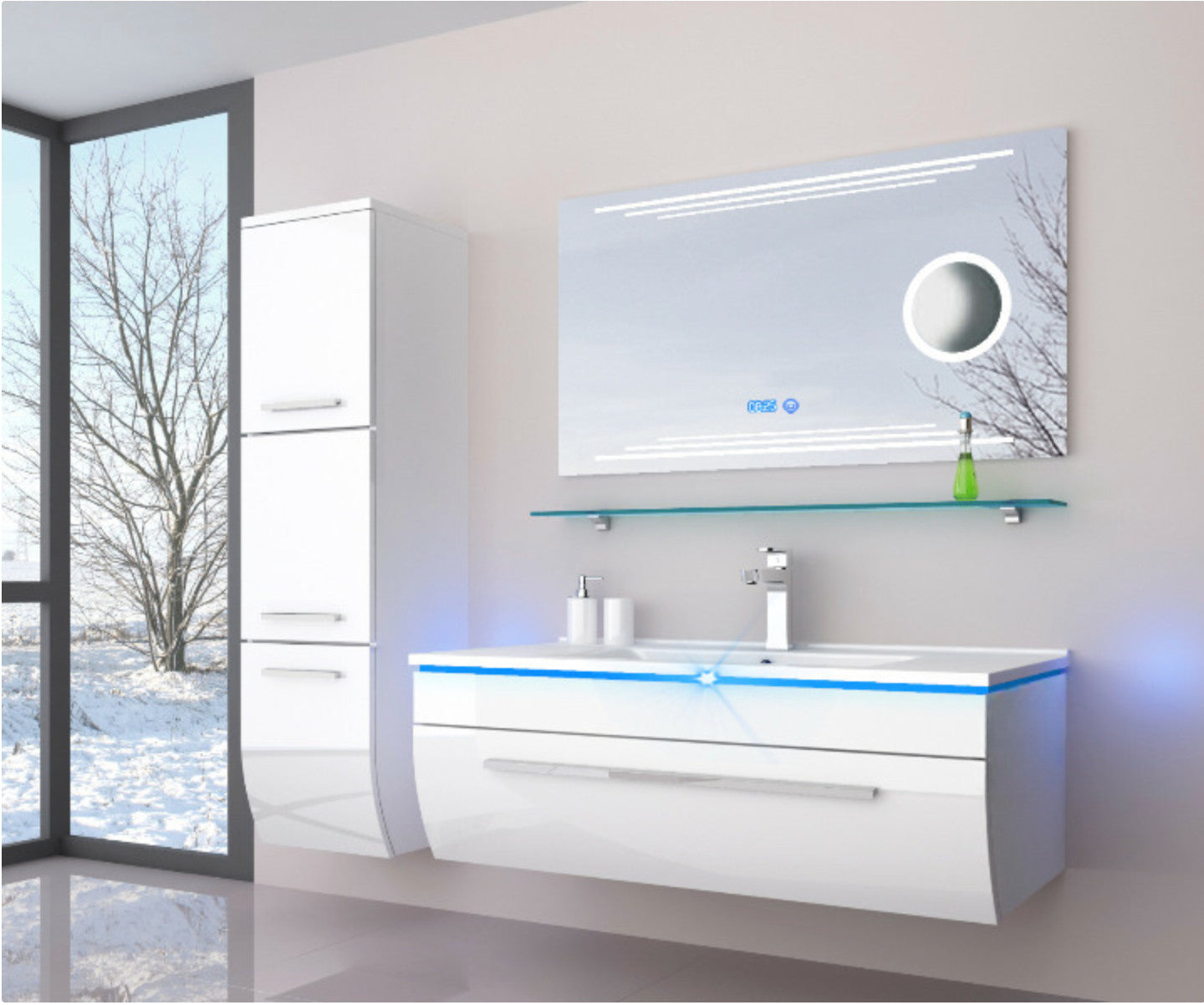 Badmöbel Set 90 cm schwarz oder weiss hochglanz Kosmetik LED Uhr Badezimmermöbel