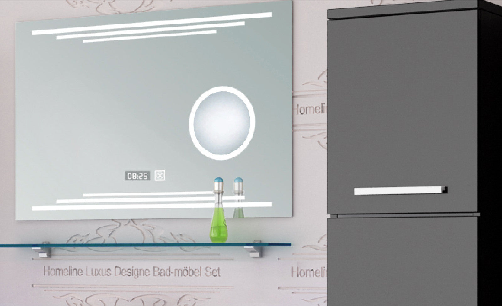 Badmöbel Set Badezimmerset Badmöbel weiß schwarz Hochglanz montiert LED Kosmetik
