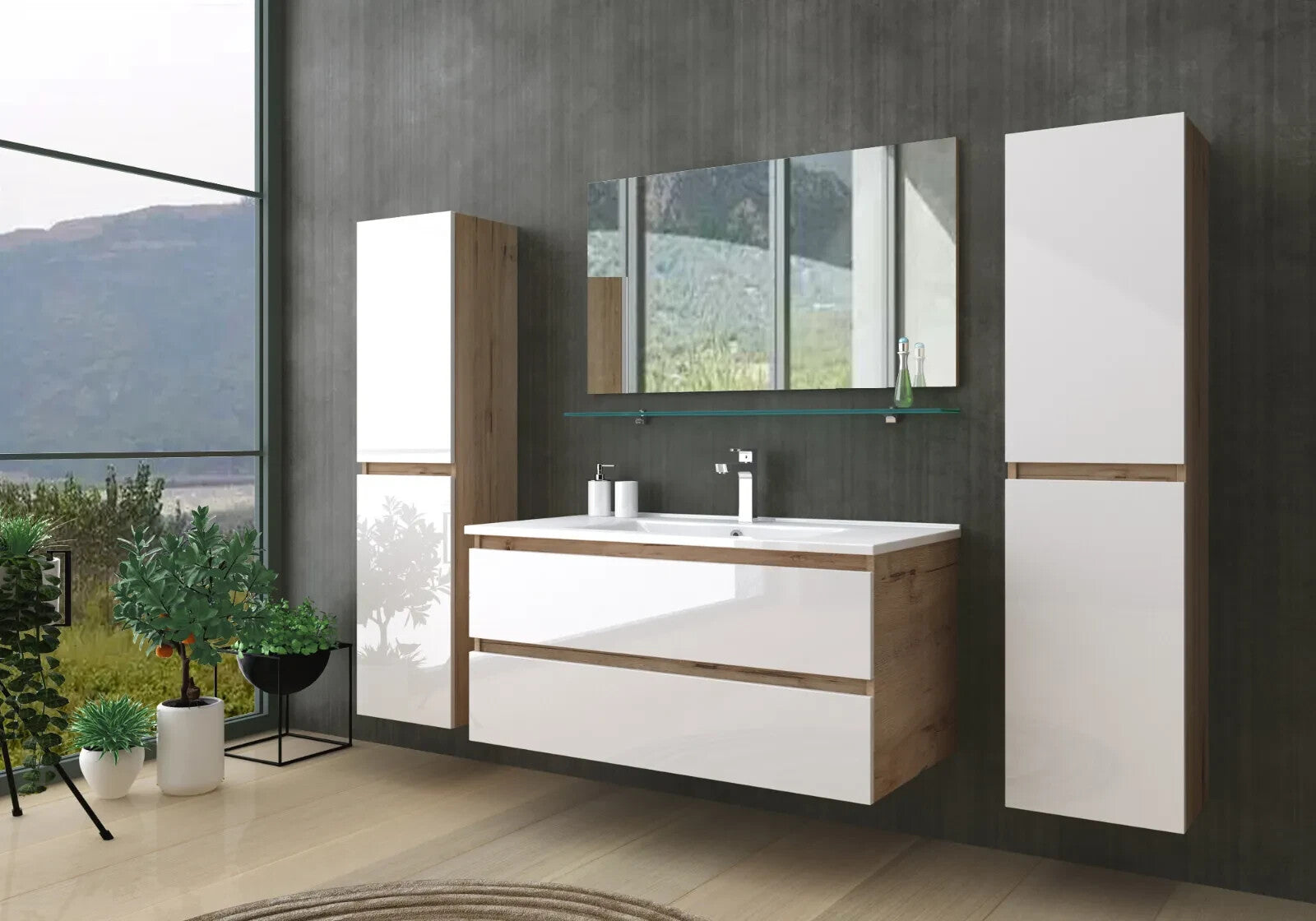 Badmöbel set Hochglanz 6 Tlg eiche / Weis Soft Close Badezimmer Möbel badmöbel