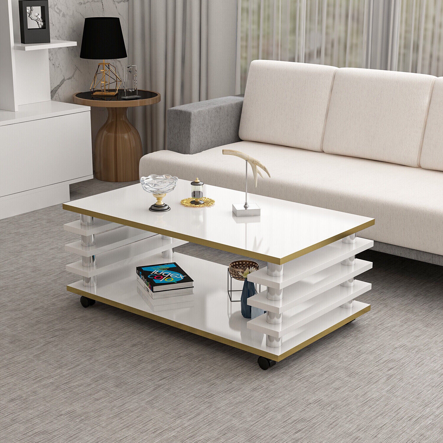 Couchtisch 115x 65 cm Wohnzimmer Tisch Weiß / Gold  Baarn Tische Beistelltisch 2