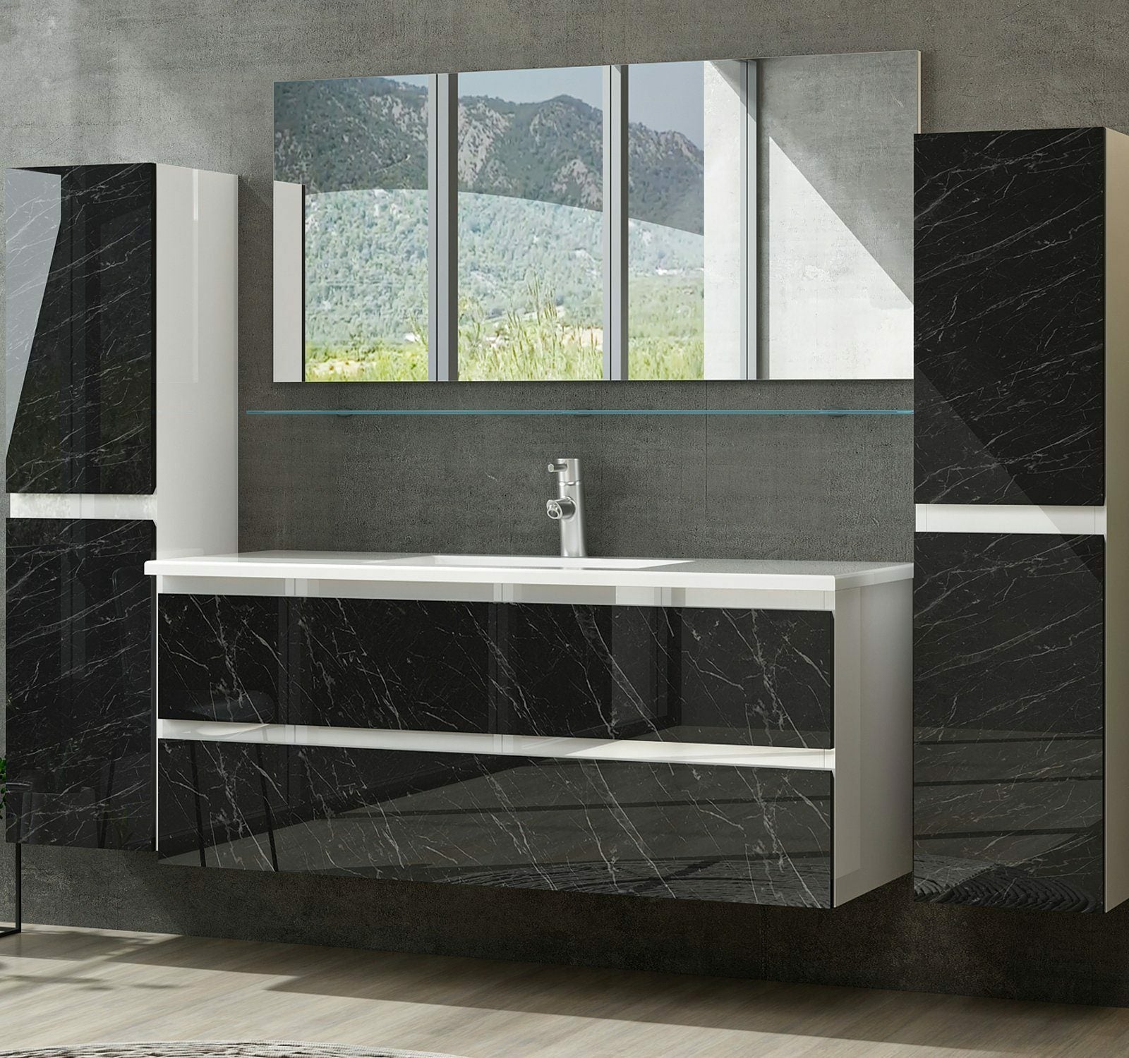 Badmöbel Set Weiss / Marmor Optik Hochglanz Badezimmermöbel 60   90 cm 120 Luuci