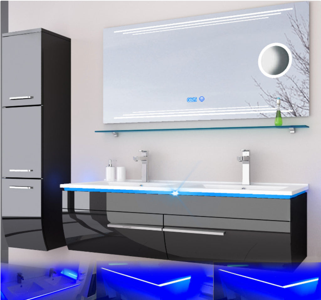 Doppelwaschbecken Badmöbel Set schwarz oder weiss hochglanz Kosmetik LED Uhr Bad