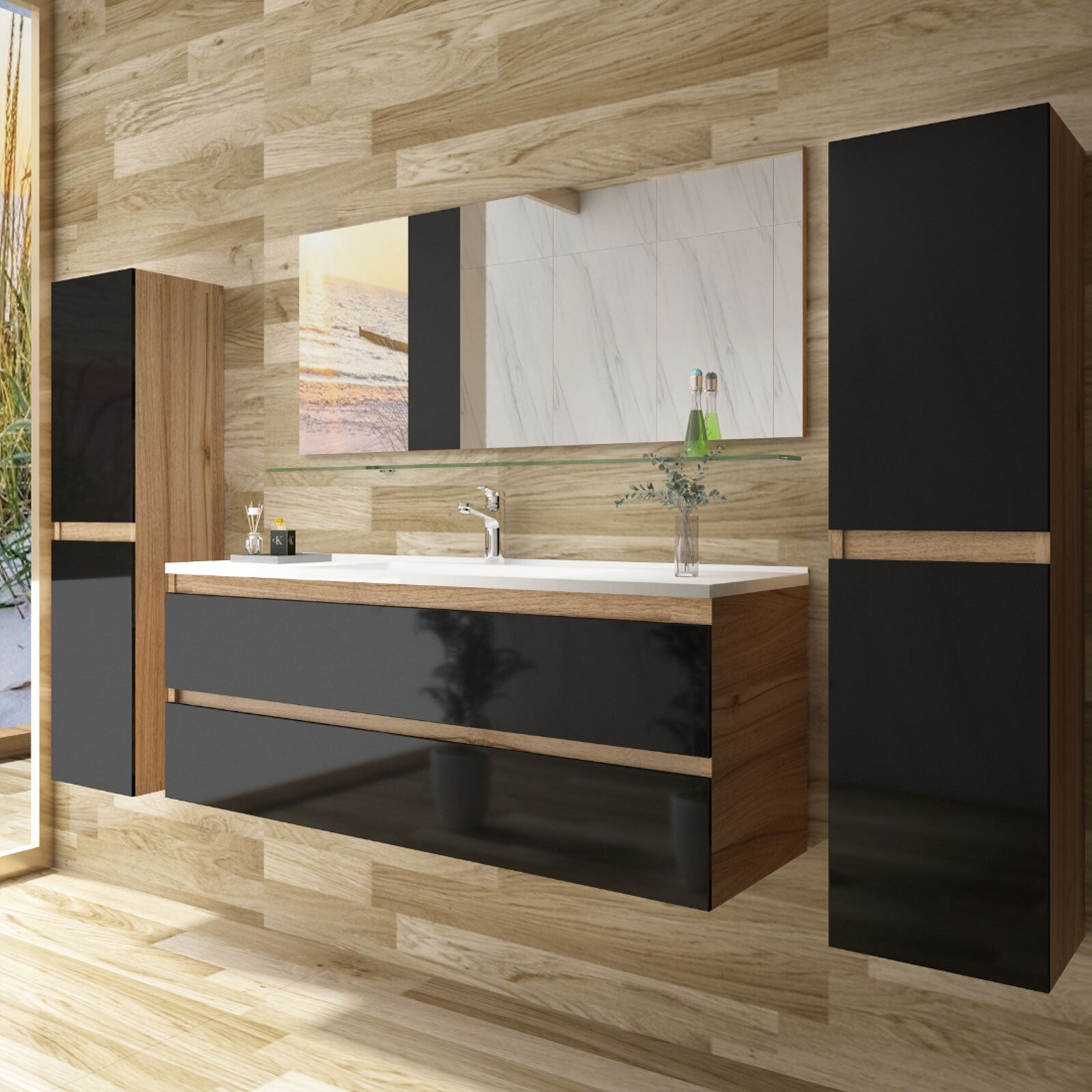 Badmöbel Set  Eiche / Schwarz Hochglanz SoftClosingssystem 120 Badezimmer Möbel