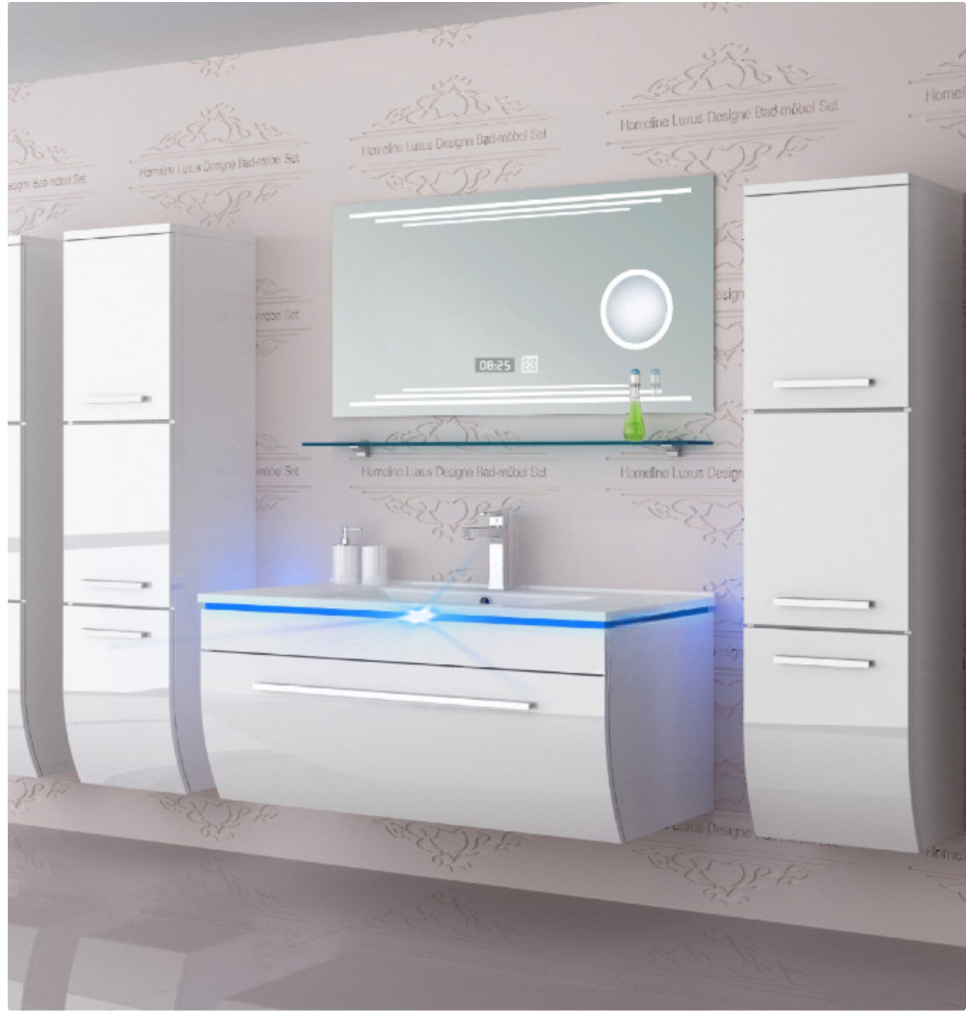 Badmöbel Set Badezimmer schränke Waschbecken Spiegel Weiß LED  Badmöbel Set 90