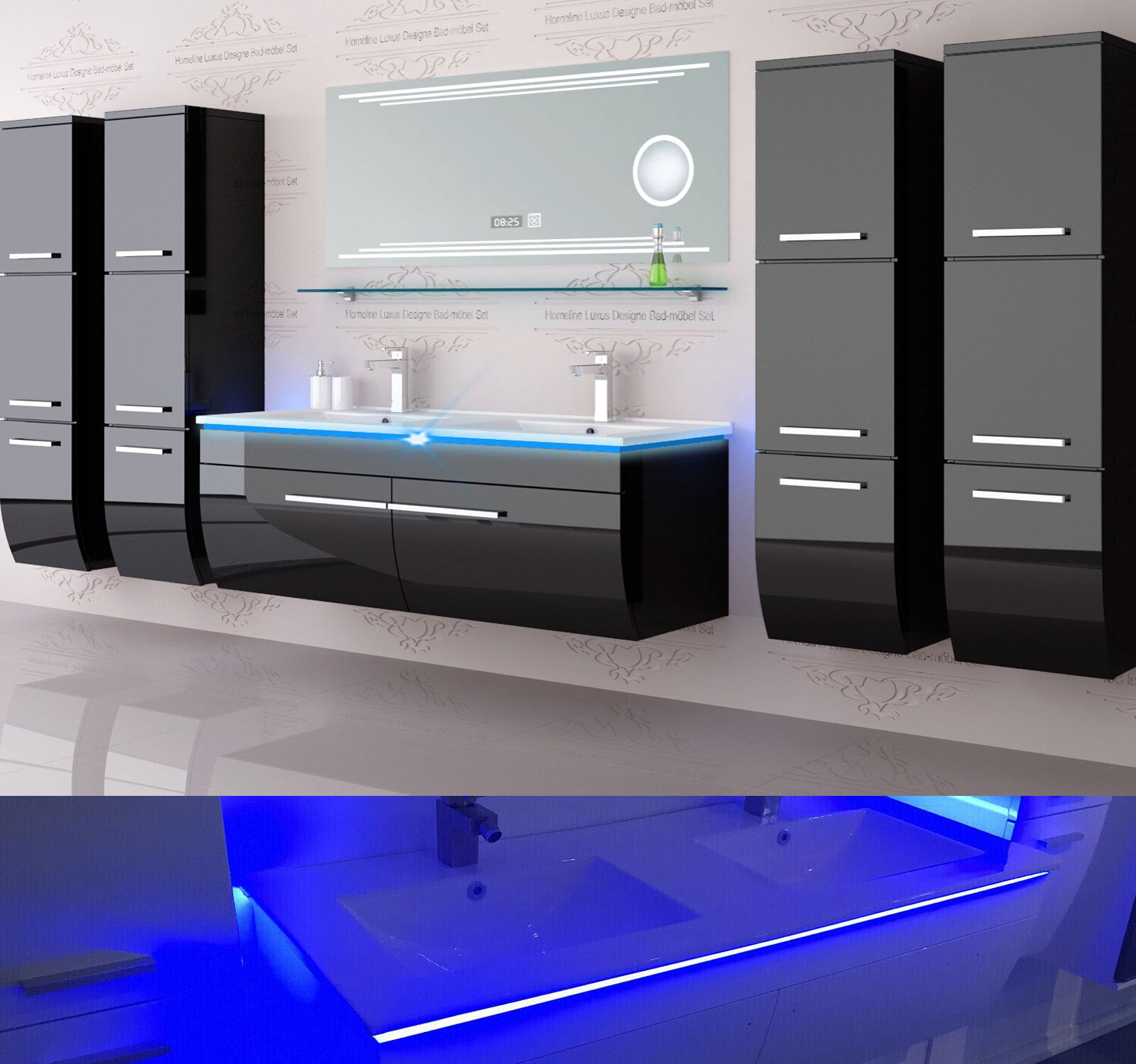 Doppelwaschtisch Doppelwaschbecken Waschbecken 240 cm Schwarz LED  Badmöbel Set