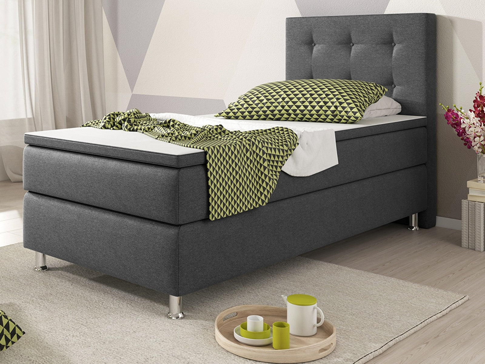 Boxspringbett Bett  90x200 Webstoff Anthrazit Einzelbett Schalafzimmer modern