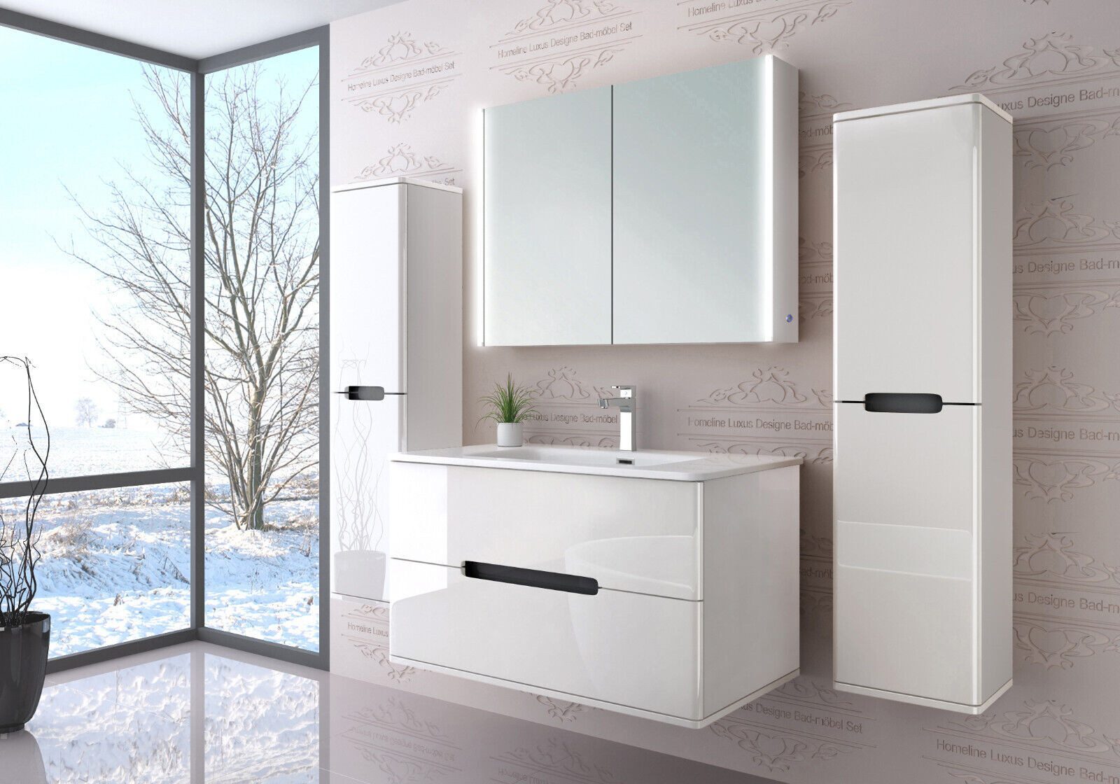 Badmöbel set mit waschbecken und spiegelschrank Hochglanz mit Keramik Becken 90