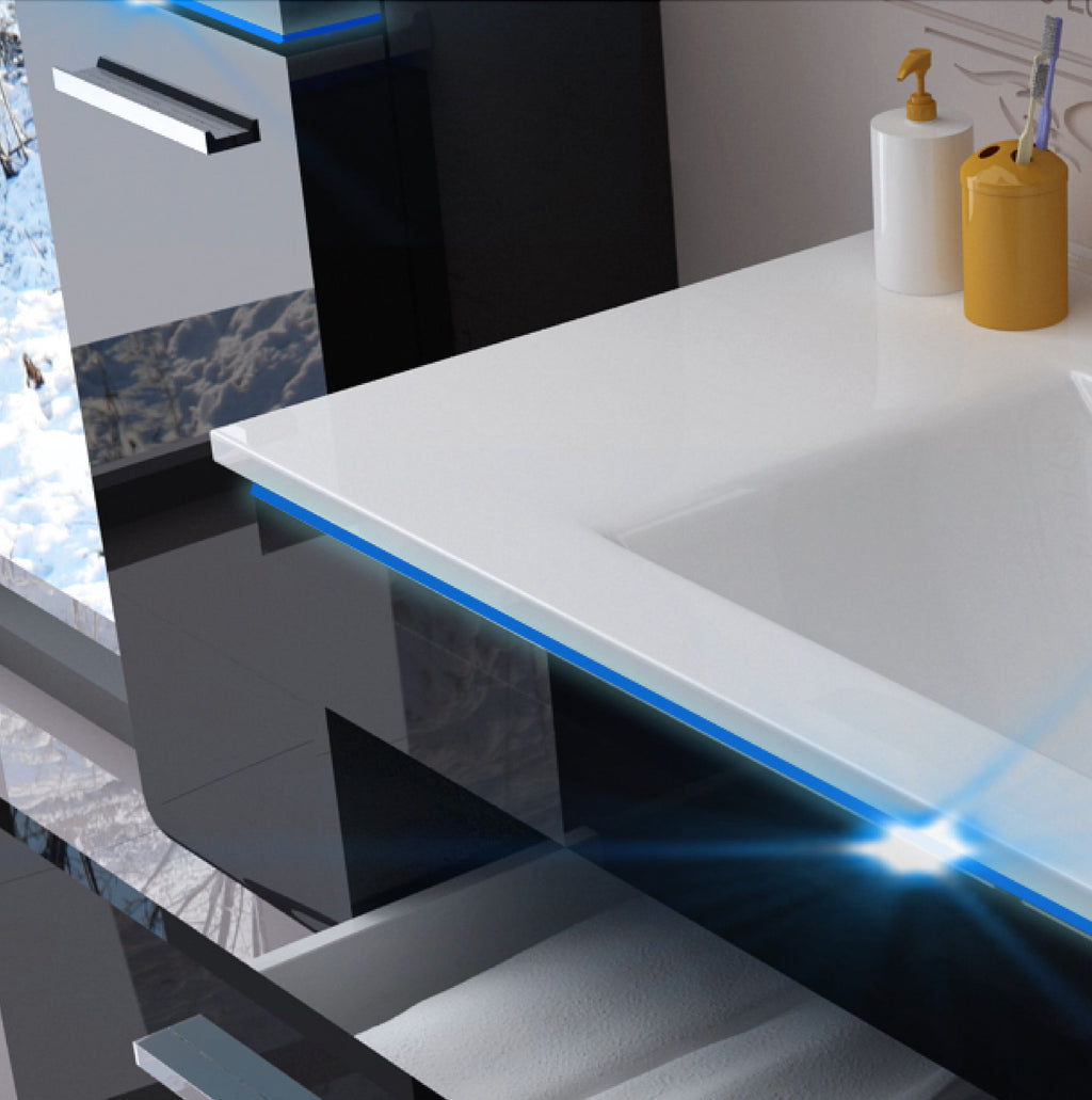Badmöbel Set montiert Weiss oder Schwarz Hochglanz Badezimmermöbel 90 cm Led Sym