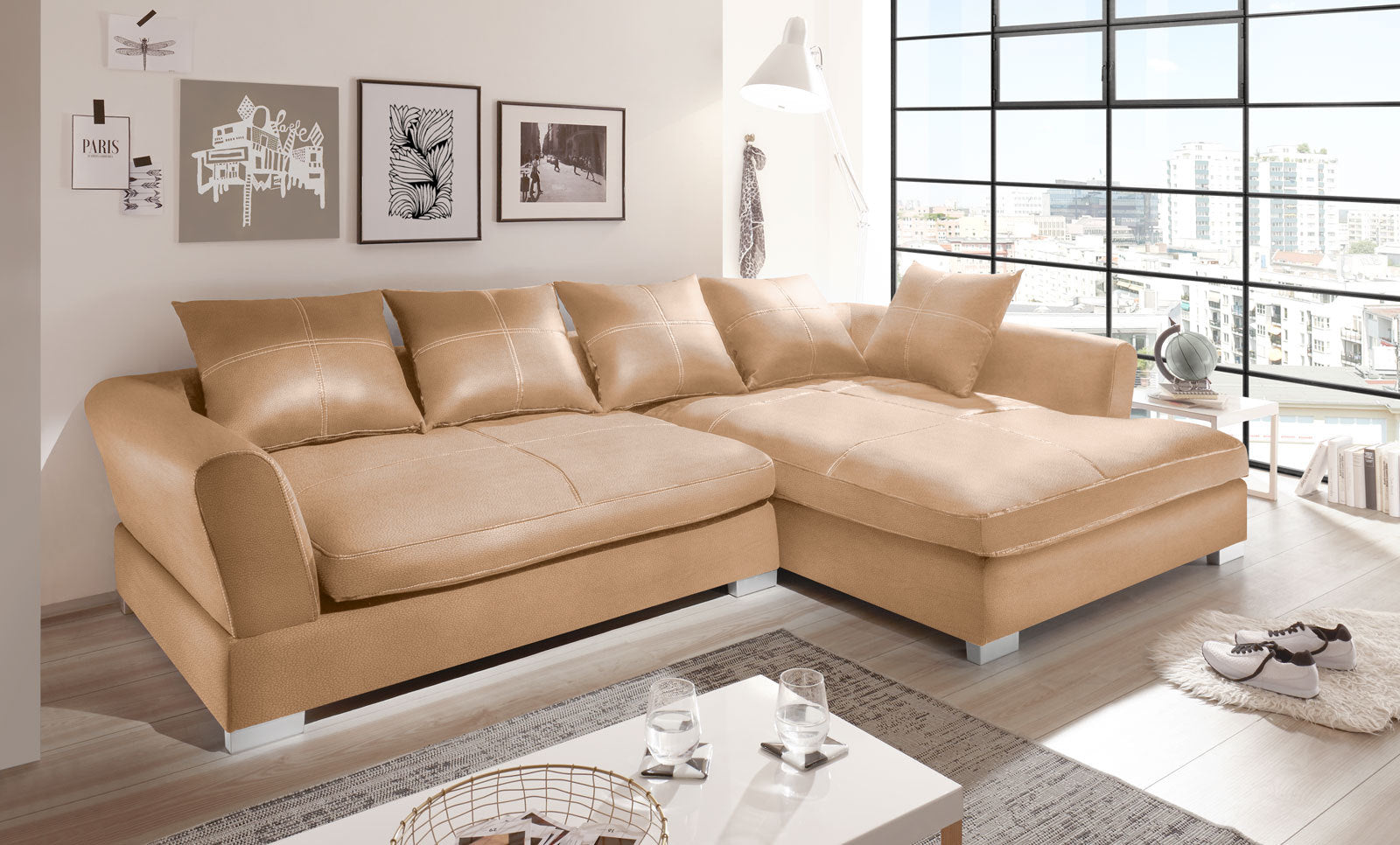 Design Couchgarnitur Beige Sofa K-Leder Eck Sofa Wohnlandschaft Megasofa Rechts