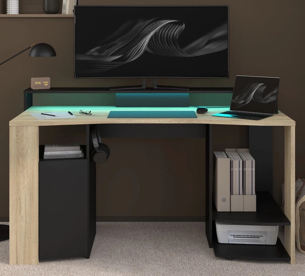Gaming Set"Meta"in schwarz und Eiche Gamingtisch und Schrank inklLED Farbwechsel