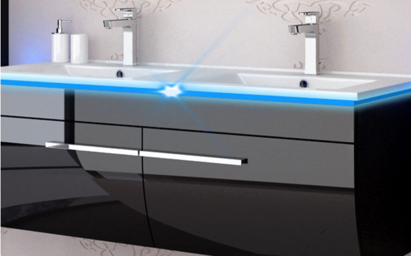 Badmöbel set hochglanz Schwarz Doppelwaschtisch montiert Touch Led System 120 cm