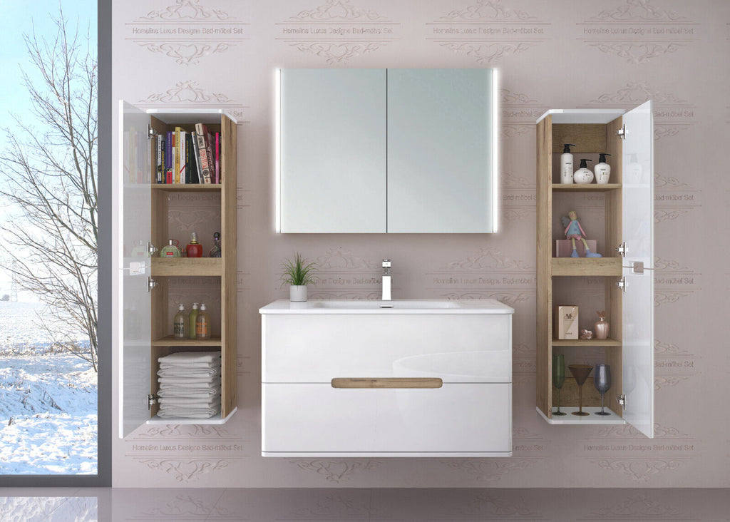 Badmöbel set mit waschbecken und spiegelschrank Hochglanz mit Keramik Becken Bad