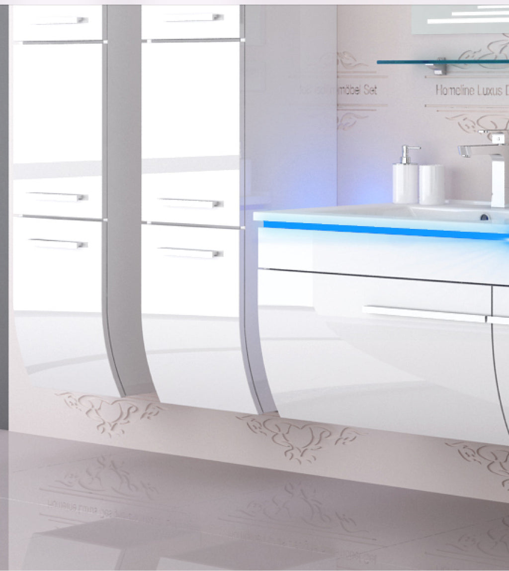Doppelwaschtisch Doppelwaschbecken Waschbecken 240 cm Weiß LED  Badmöbel Set 120