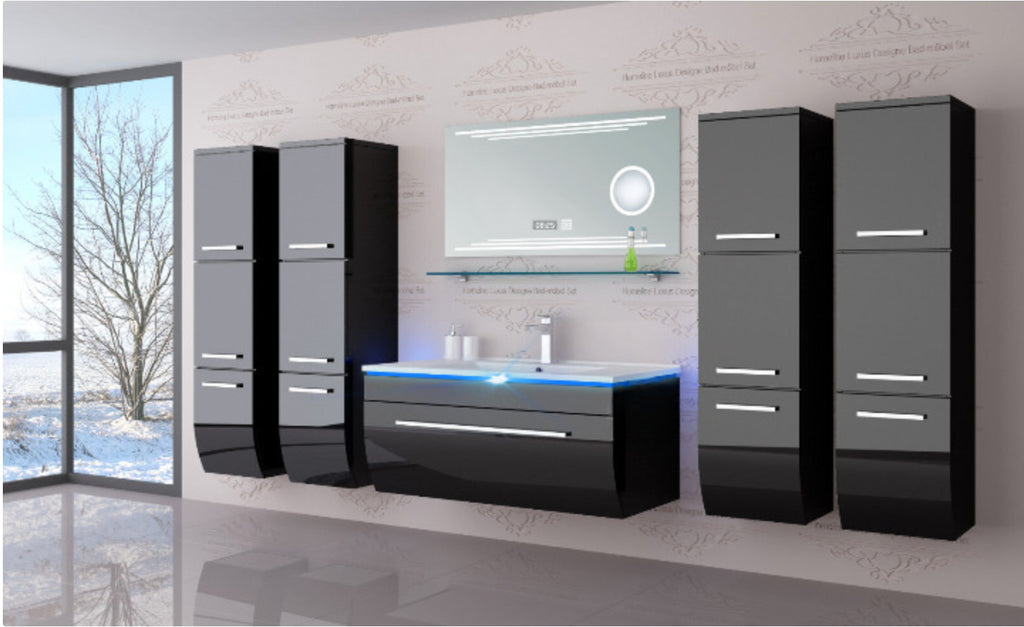 Badmöbel Set Badezimmer Schrank Waschbecken Spiegel Schwarz LED  Badmöbel Set