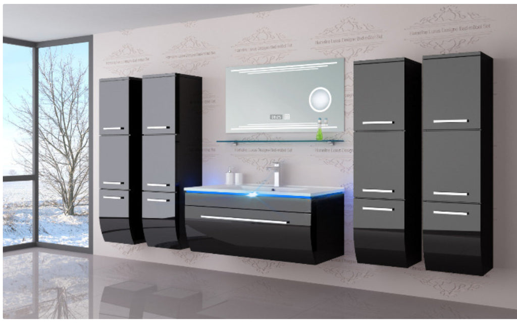 Badmöbel Set Badezimmer Schrank Waschbecken Spiegel Schwarz LED  Badmöbel Set
