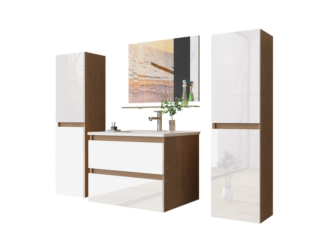Badmöbel set Hochglanz 6 Tlg eiche / Weis Soft Close Badezimmer Möbel badmöbel