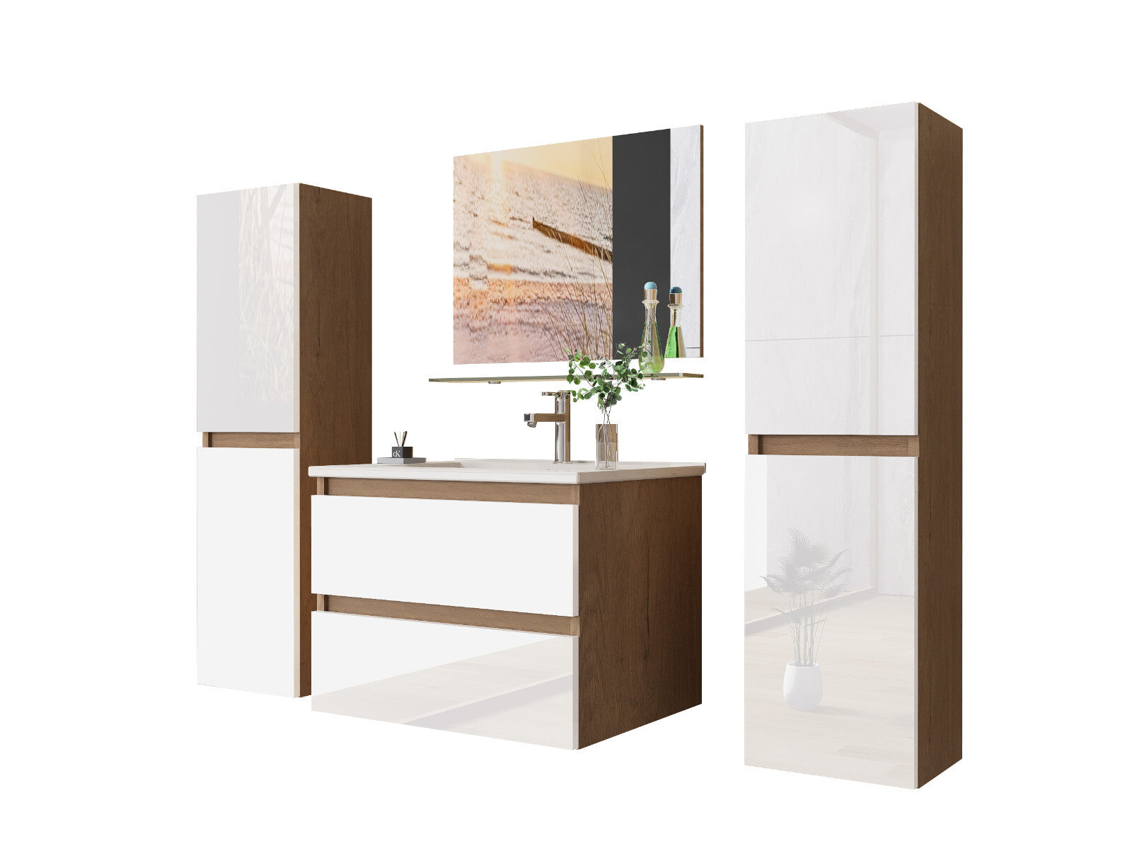 Badmöbel set Hochglanz 6 Tlg eiche / Weis Soft Close Badezimmer Möbel badmöbel