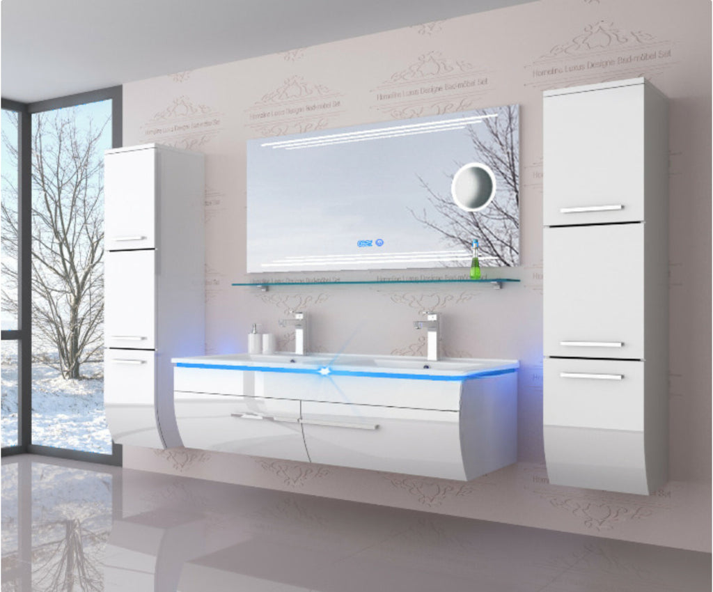 Doppelwaschtisch Badmöbel Set schwarz oder weiss hochglanz Kosmetik 180cm LEDUhr