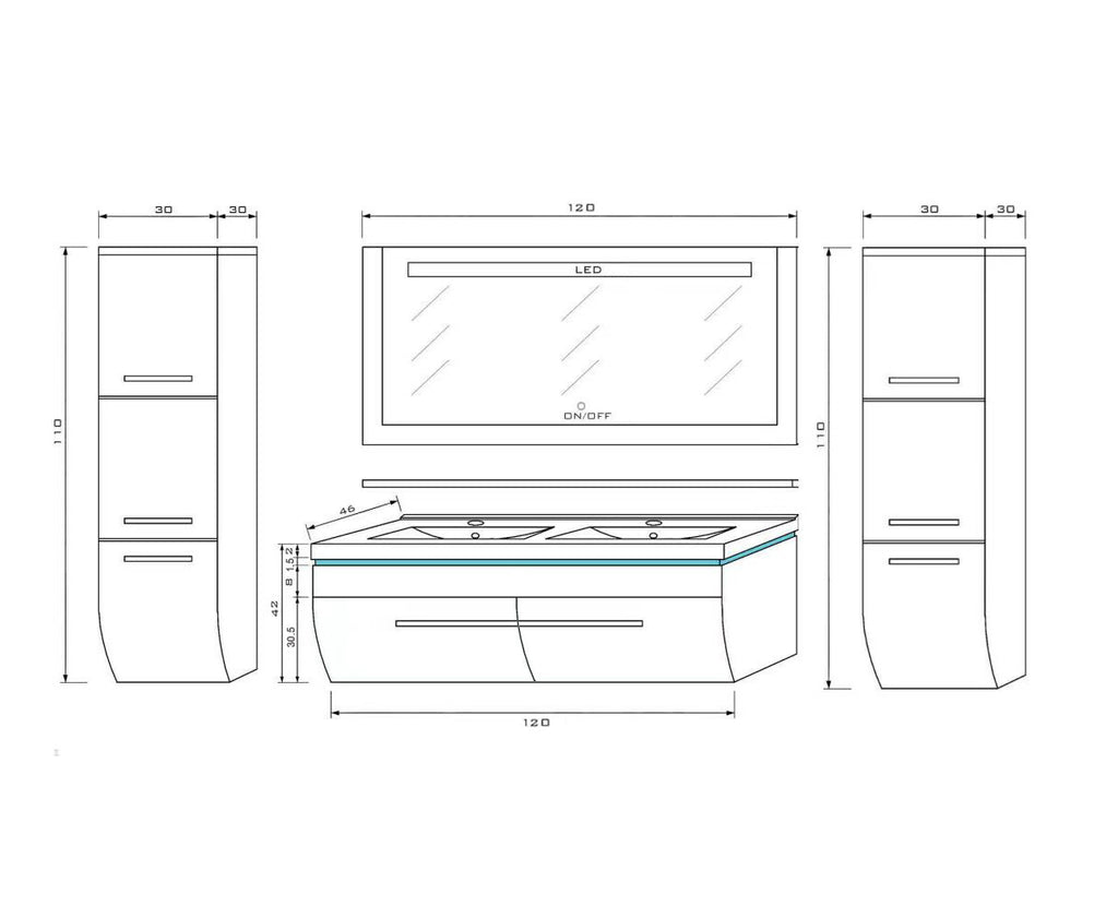 Badmöbel set hochglanz Schwarz Doppelwaschtisch montiert Touch Led System 120 cm