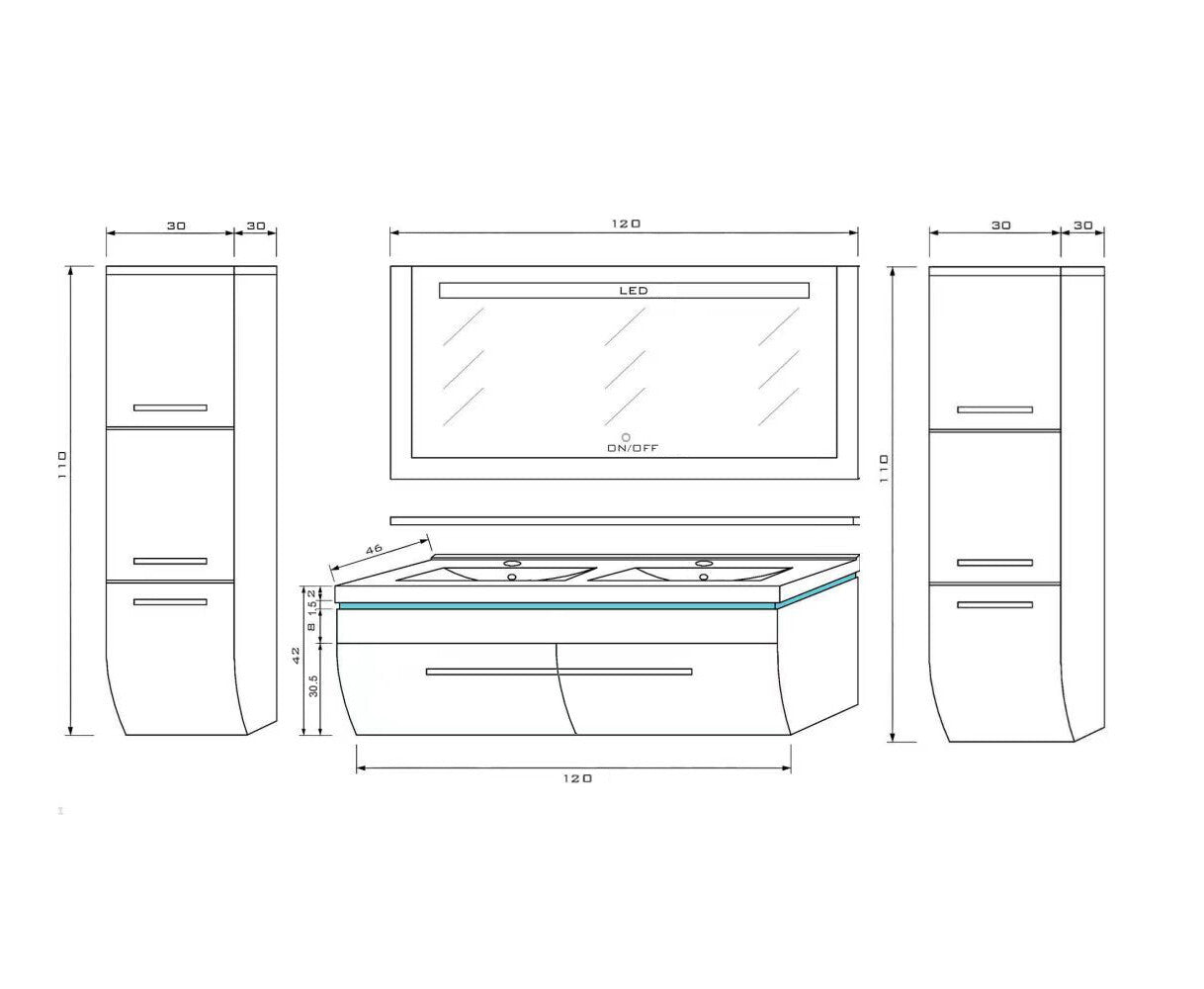 Badmöbel set hochglanz Schwarz Doppelwaschtisch montiert Touch Led System 120 cm