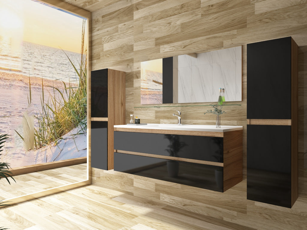 Badmöbel Set  Eiche / Schwarz Hochglanz SoftClosingssystem 120 Badezimmer Möbel