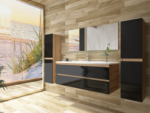 Badmöbel Set  Eiche / Schwarz Hochglanz SoftClosingssystem 120 Badezimmer Möbel