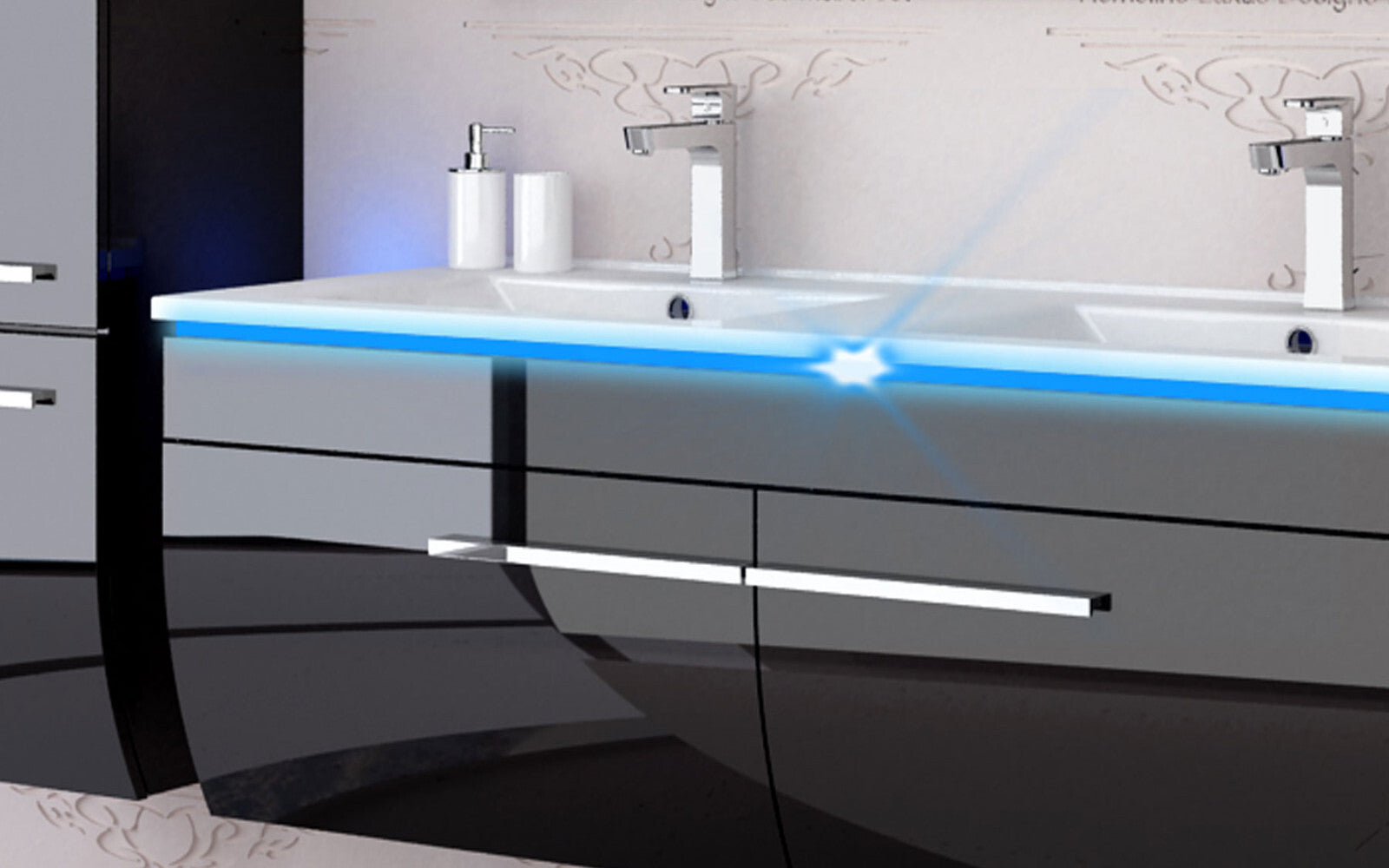 Badmöbel set hochglanz Schwarz Doppelwaschtisch montiert Touch Led System 120 cm