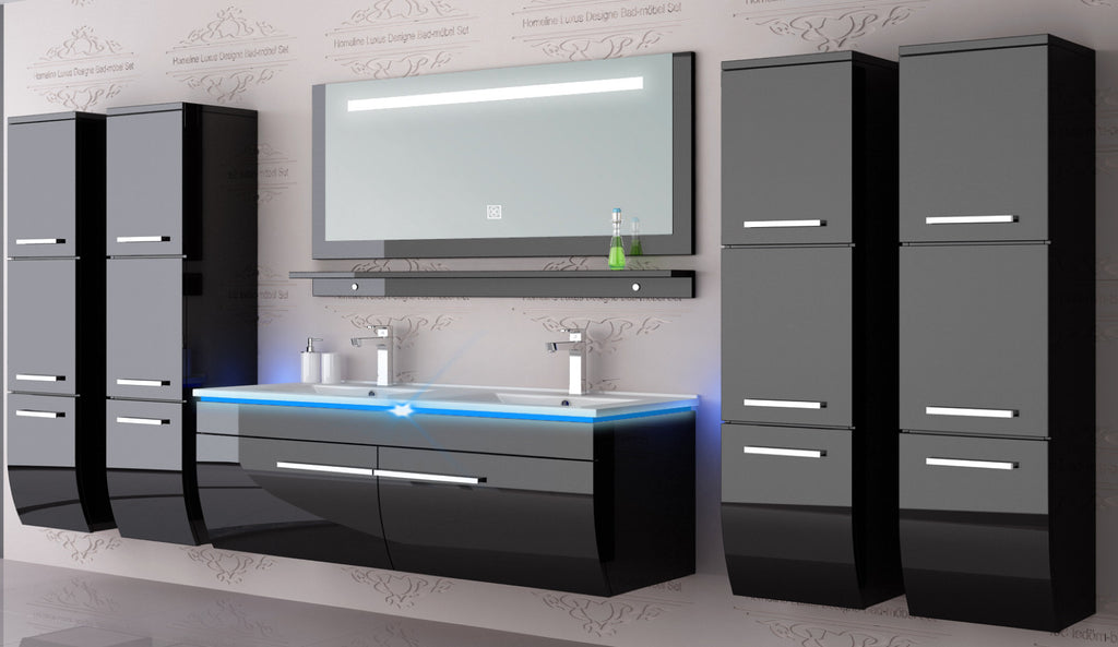 Schwarz Doppelwaschtisch 240 cm Hochglanz Doppel Waschbecken Badmöbel Set Led SY