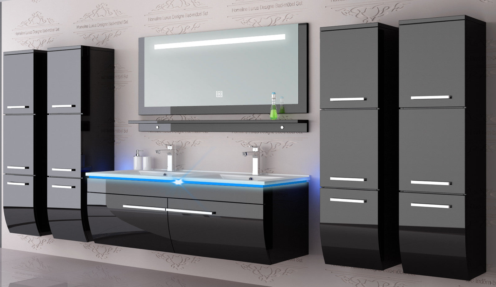Schwarz Doppelwaschtisch 240 cm Hochglanz Doppel Waschbecken Badmöbel Set Led SY