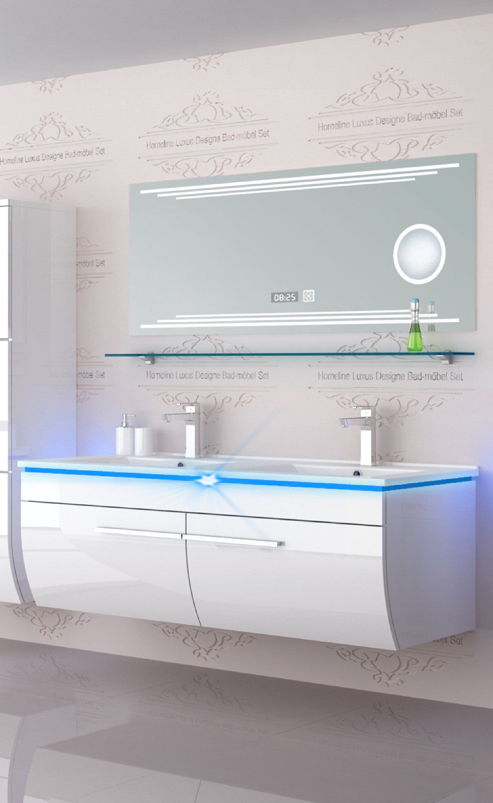 Doppelwaschtisch Doppelwaschbecken Waschbecken 240 cm Weiß LED  Badmöbel Set 120