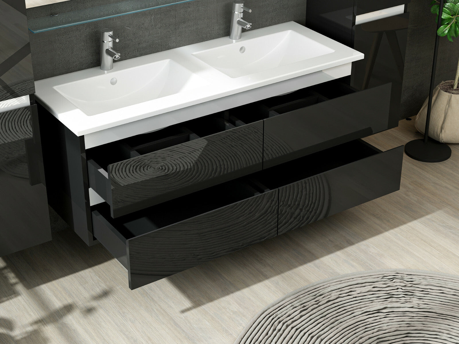 Doppelwaschtisch Hochglanz Schwarz Doppel Waschbecken Badezimmer Bad möbel Set