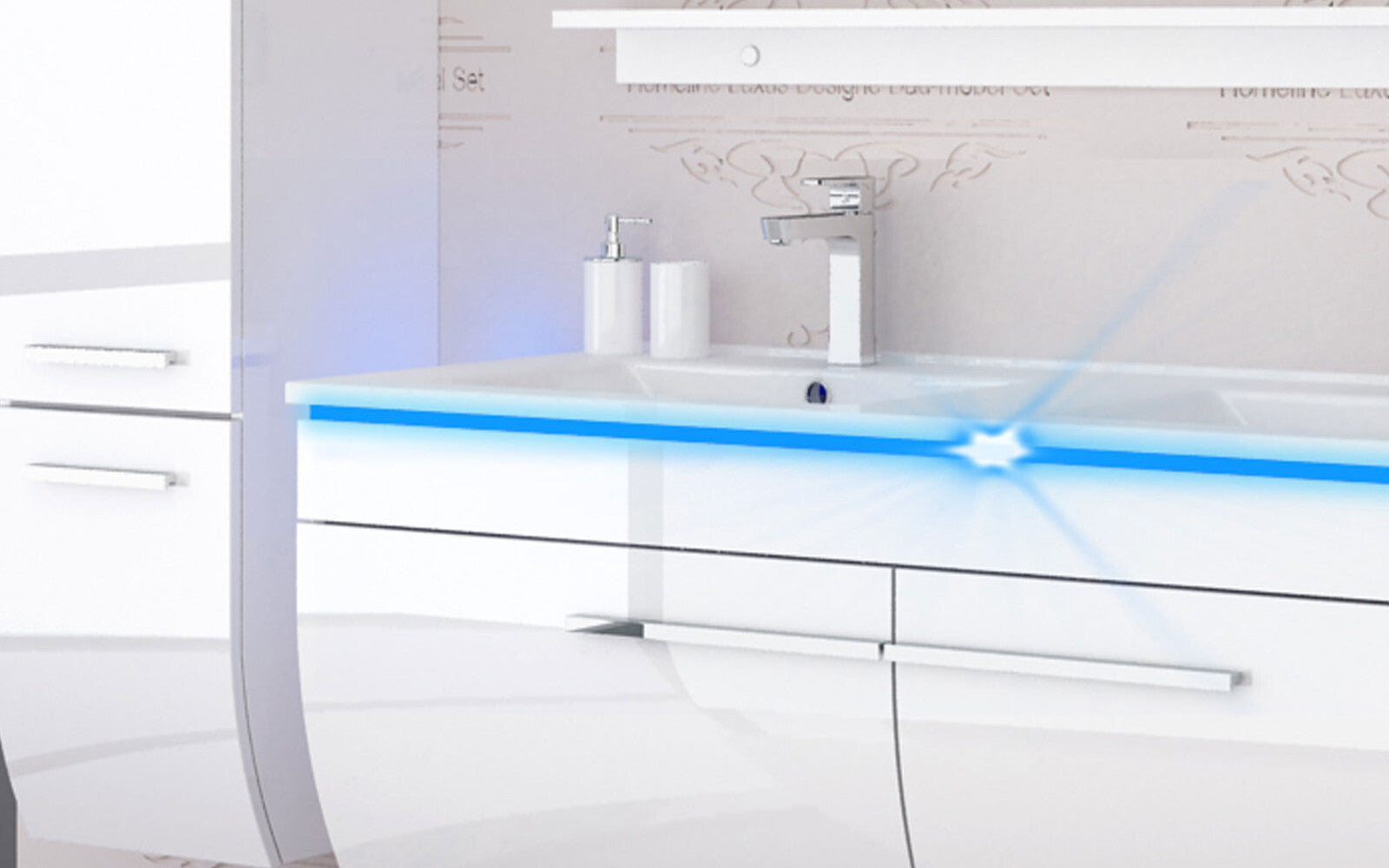 Badmöbel set hochglanz Weiß Doppelwaschtisch montiert   Touch Led System 120 cm