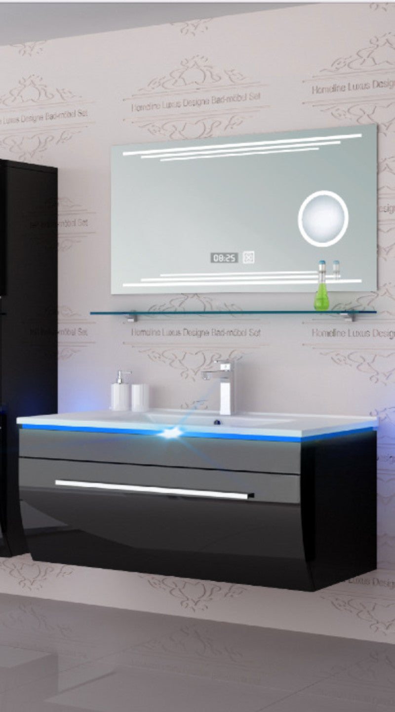 Badmöbel Set Badezimmer Schrank Waschbecken Spiegel Schwarz LED  Badmöbel Set