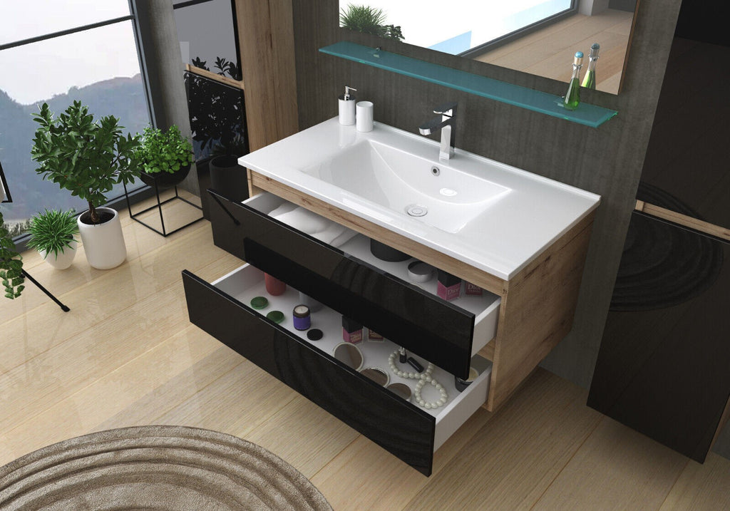 Badmöbel Set Weiß / Beige Marmor Optik Glänzend Badezimmermöbel 90 cm bis 6 Tlg